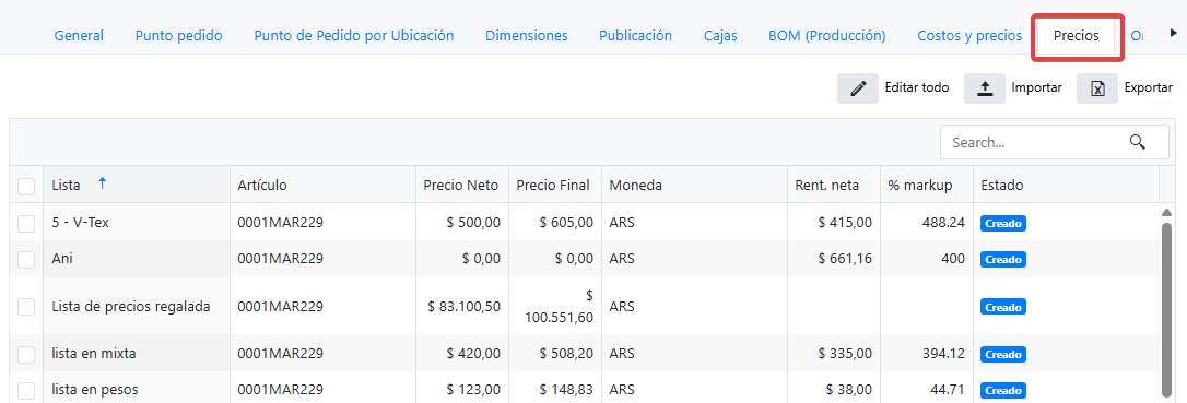Captura de Artículos y Artículos base 6