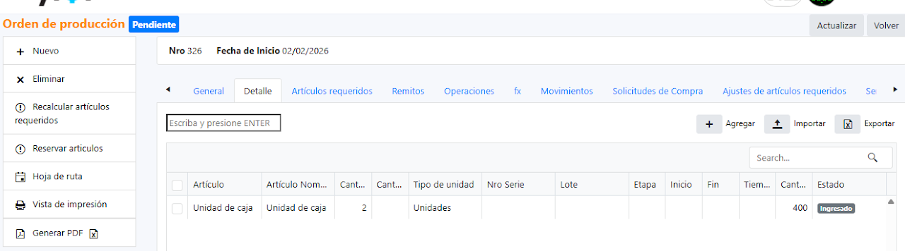 Captura de Fraccionamiento de un producto 2