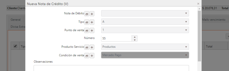 Captura de Nota de crédito de Venta 2