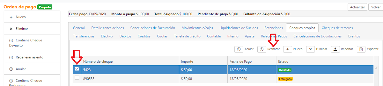 Captura de Pago de OP con Cheque propio 2