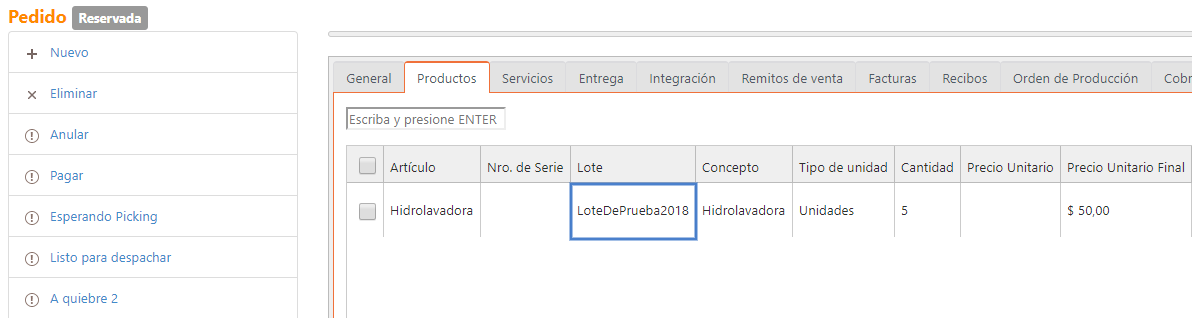 Captura de Egreso de Artículos con Lote 1
