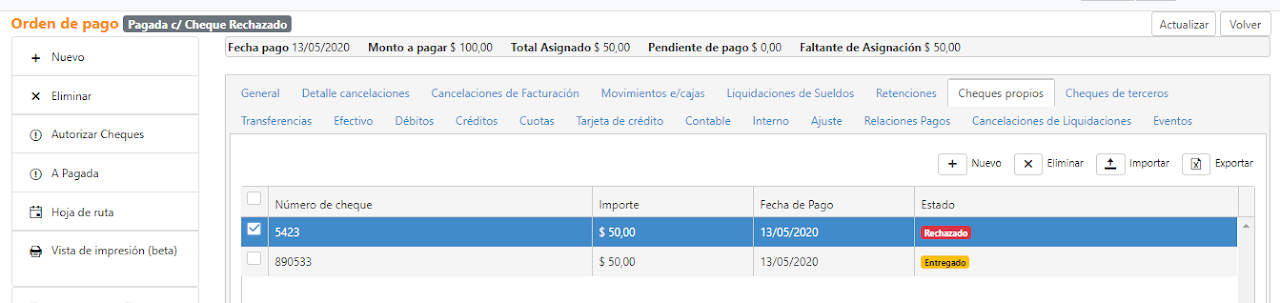Captura de Pago de OP con Cheque propio 3